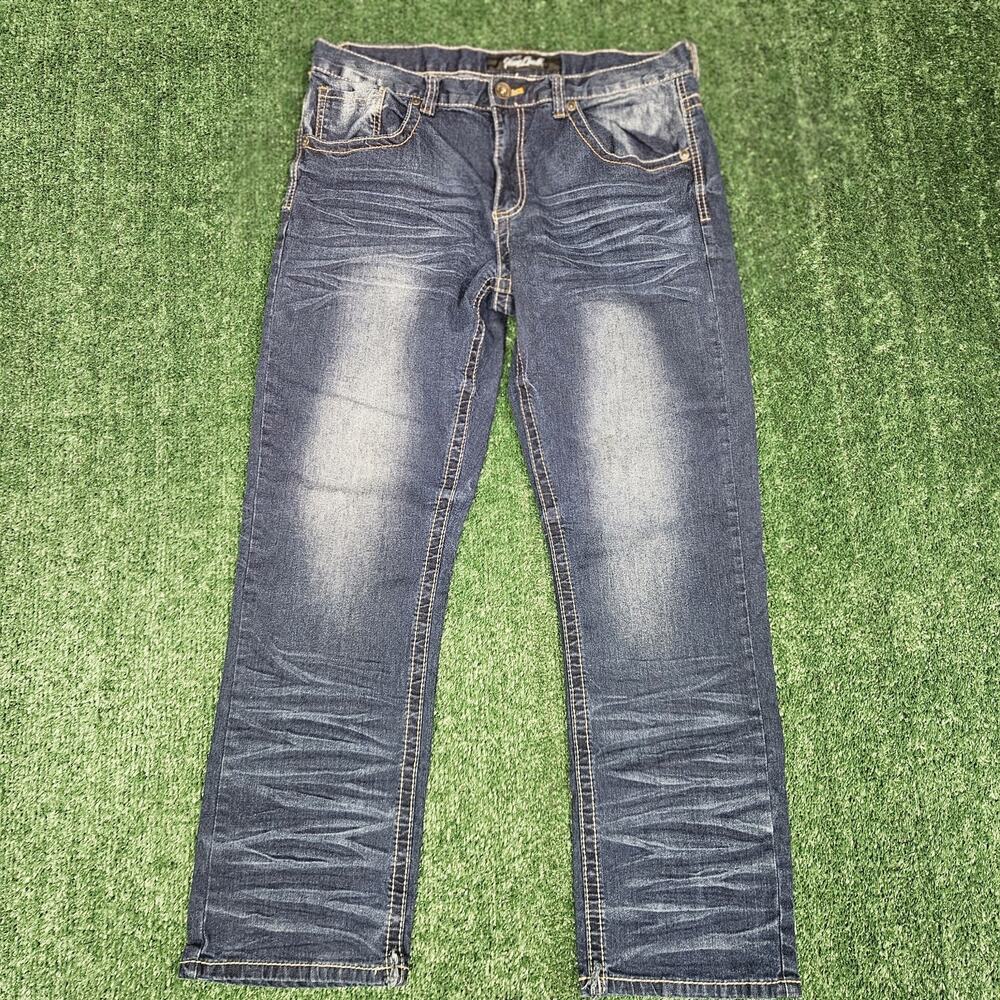 True Luck Jeans Mens 34x30 Blue Denim Bootcut Cowboy Embroidered Whiskering
